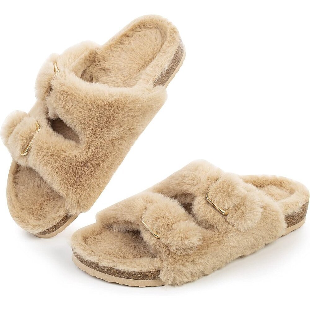 Women's Light Brown Cozy Lining Faux Rabbit Fur Cork Open Slipper Sandals Shoes
